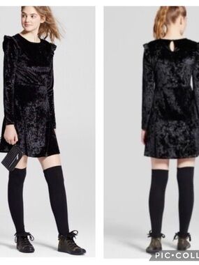 NWT Mossimo Medium Crushed Velvet Black Ruffled Long Sleeve A-Line Dress